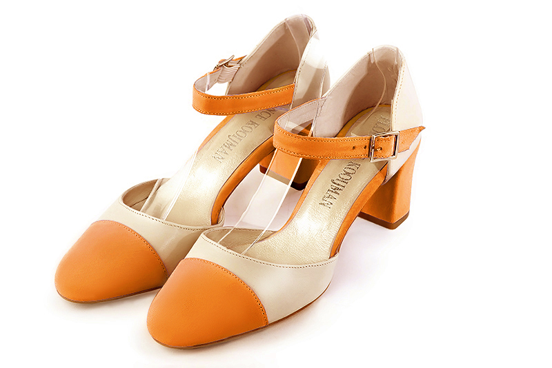 Apricot orange and champagne white women's open side shoes, with an instep strap. Round toe. Medium block heels. Front view - Florence KOOIJMAN